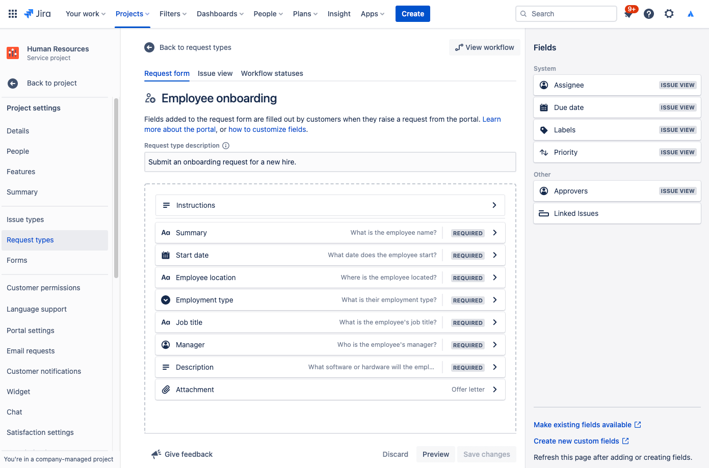 Screenshot: Bearbeitung des Anfragetyps für das Mitarbeiter-Onboarding